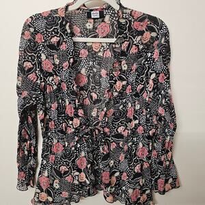 Studio 1940 Floral Ruffle Blouse Black Pink Sheer Mesh Tie Front Peplum Top SZ L